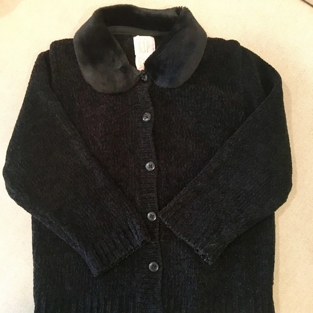Vintage babyGAP Black Chenille Cardigan Sweater w/Faux Fur Collar, sz 2xl/3xl